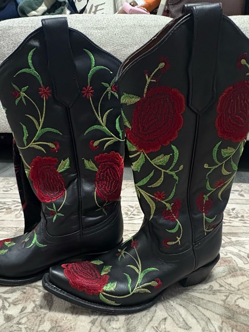 Circle G Black Leather Lace-Up Boots with Red Rose Embroidery